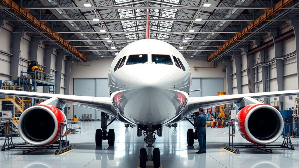 Modern aircraft maintenance facility with technicians inspecting an Airbus A320 aircraft, showing operational infrastructure and engineering expertise critical to airline cost management
