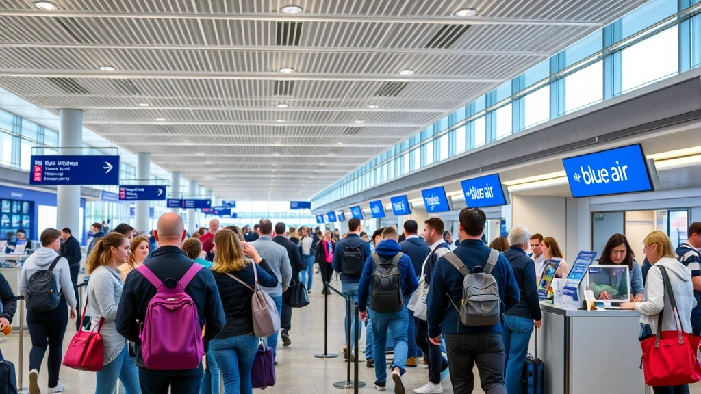Busy airport terminal with passengers checking in at Blue Air counters, representing customer-facing operations and revenue generation through ticket sales and ancillary services