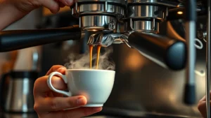 Professional barista pouring espresso shot from group head into white porcelain cup, steam rising, premium espresso machine in background, close-up on concentrated extraction, morning cafe lighting, photorealistic