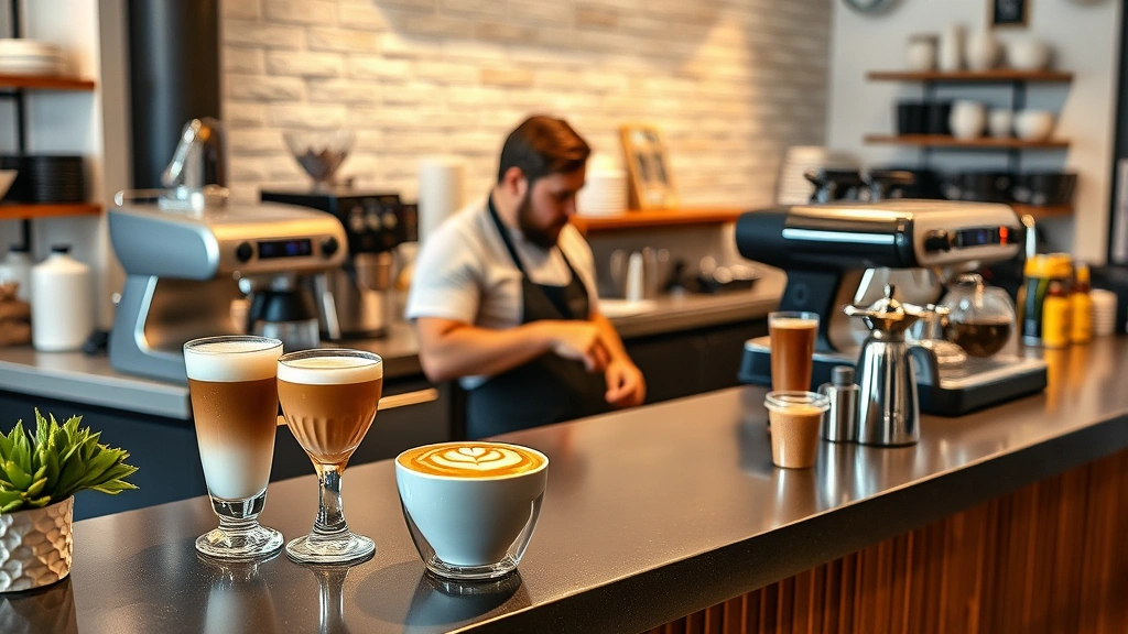 Specialty coffee cafe counter with multiple beverages displayed, latte art visible on cappuccino, grinder in background, professional barista working with customer, modern minimalist cafe interior, photorealistic