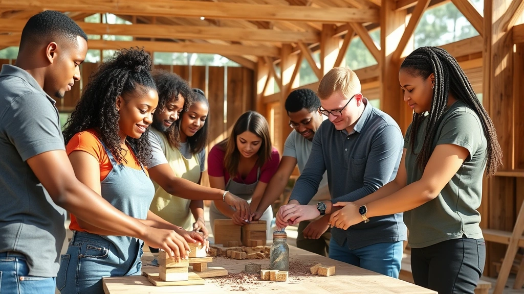 Professional diverse employees volunteering together at community center, building wooden structures with focused teamwork, natural lighting, authentic collaboration atmosphere