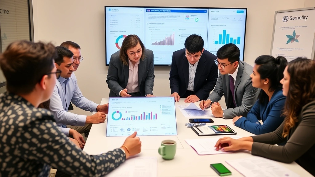 Business leaders and nonprofit partners reviewing community impact data on digital dashboard, collaborative planning session, diverse stakeholders examining metrics and outcomes