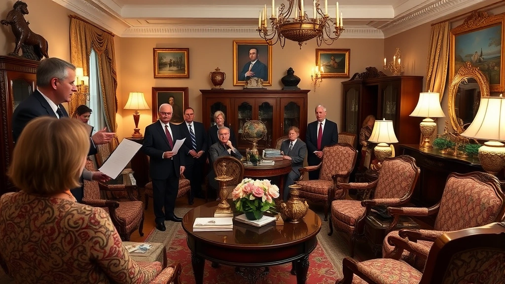 Professional estate sale auctioneer conducting live bidding in elegant home setting with serious buyers examining furniture and antiques, warm lighting, sophisticated atmosphere