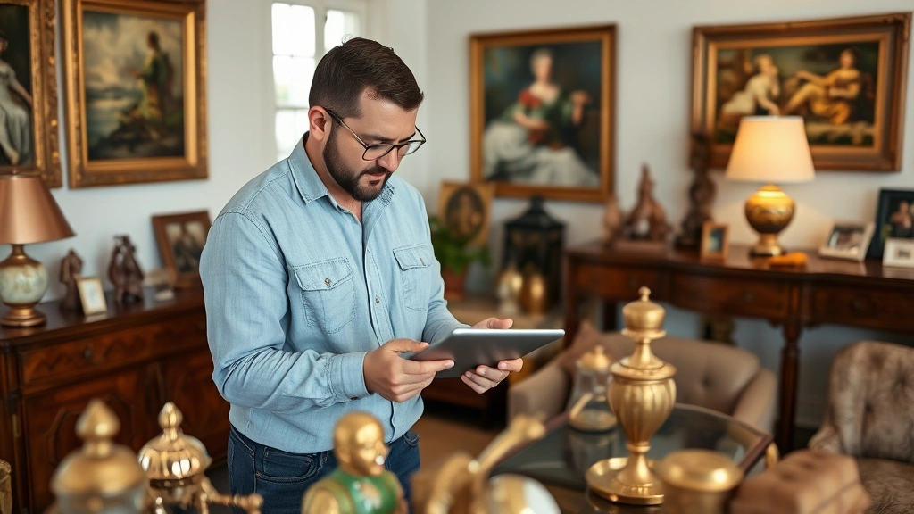 Estate sale company manager reviewing inventory on tablet with professional appraiser examining fine art and collectibles in residential setting, organized and methodical approach