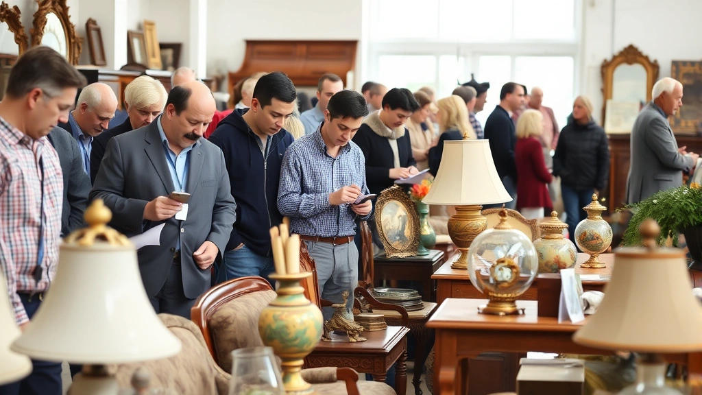 Diverse group of qualified buyers examining items at estate sale event, examining furniture and collectibles carefully, bright professional photography setup in background