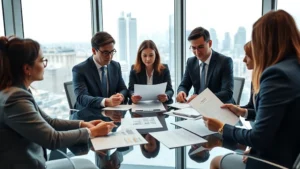 Professional corporate executives in business attire reviewing policy documents and strategy reports in a modern glass conference room with city skyline visible through windows