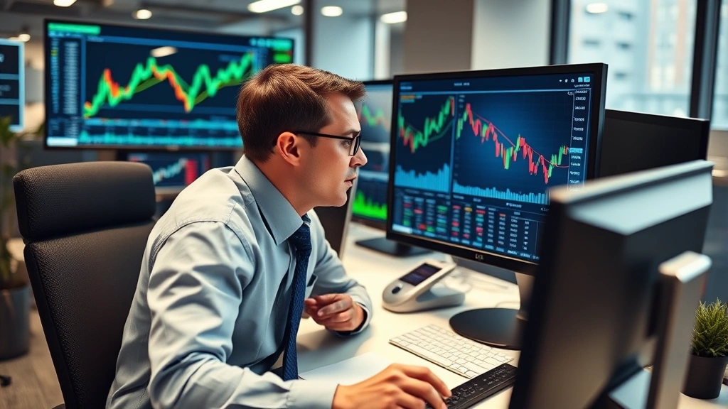 Professional financial analyst reviewing stock market data on multiple computer monitors in a modern office setting, displaying charts and metrics from 2004 technology sector IPO performance analysis