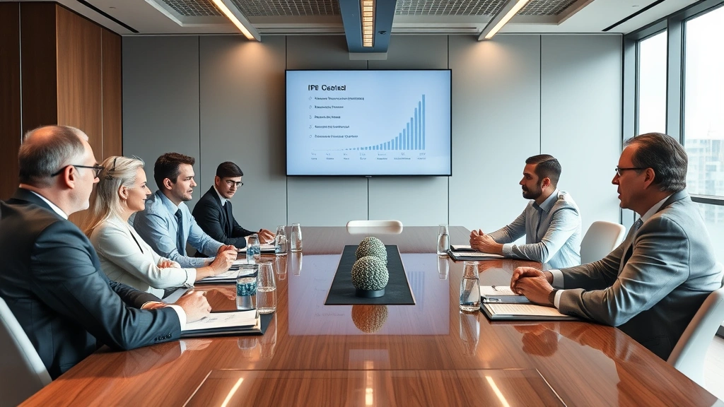 Corporate boardroom meeting with executives and investors discussing business fundamentals, competitive advantages, and growth strategies during IPO preparation and valuation discussions