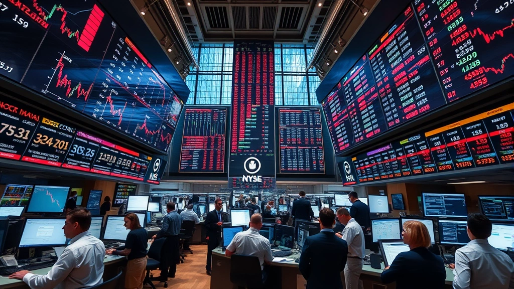 Financial technology trading floor with professionals monitoring market data, stock prices, and investment opportunities in a dynamic, professional environment with real-time market information displays