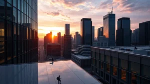 Modern glass office building with financial district skyline at sunset, professional business atmosphere, urban corporate environment with clean architecture and reflective surfaces