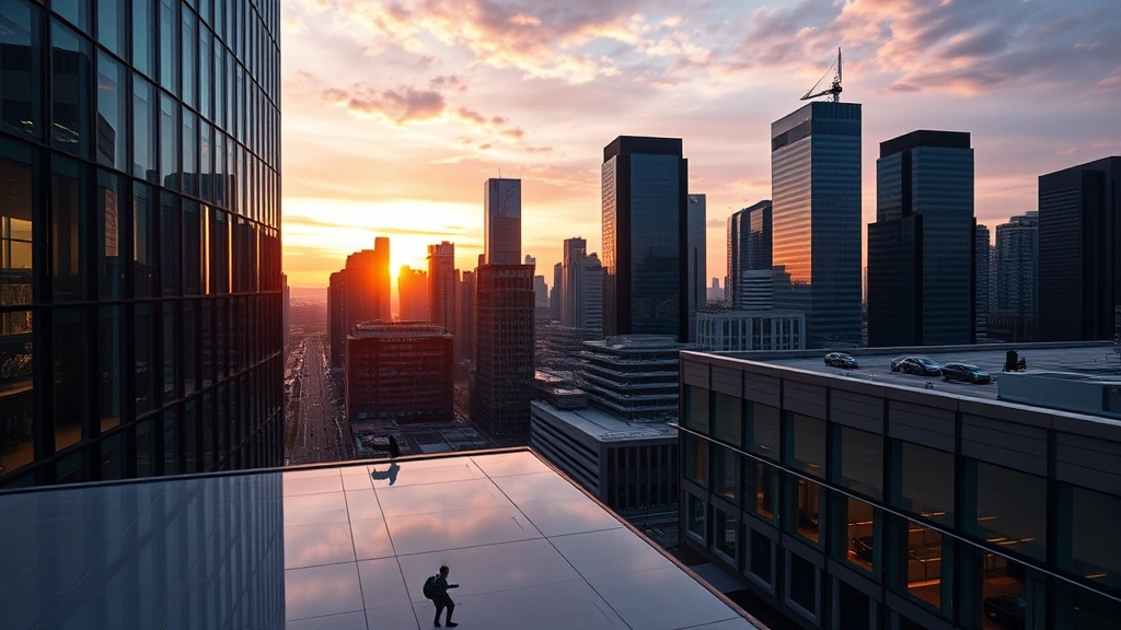 Modern glass office building with financial district skyline at sunset, professional business atmosphere, urban corporate environment with clean architecture and reflective surfaces