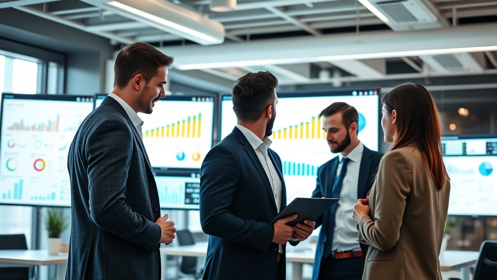 Diverse team of business professionals in contemporary office setting reviewing financial charts and graphs on digital displays, collaborative workspace with modern technology integration