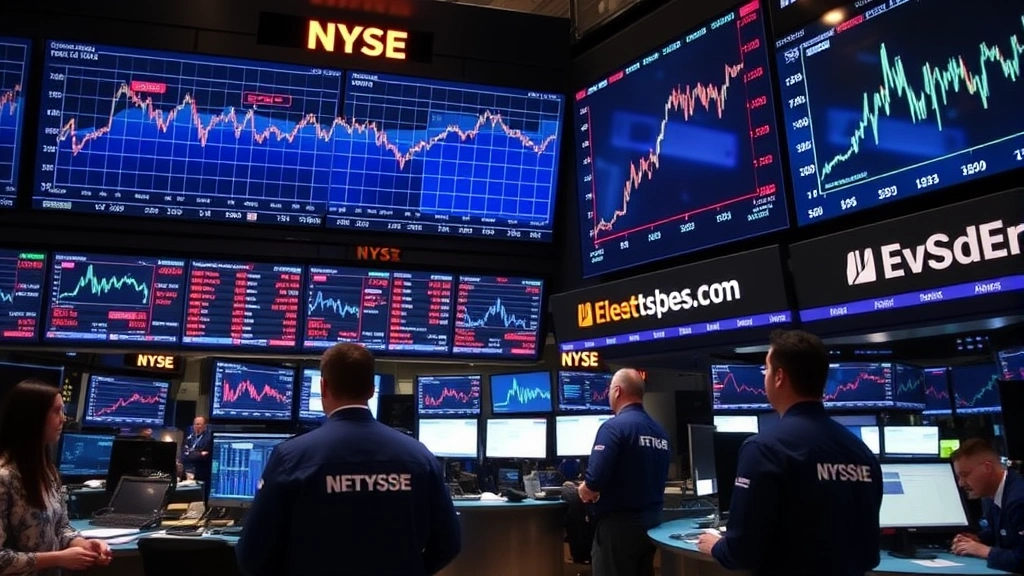 Stock market trading floor visualization with digital screens displaying upward trending graphs, professional traders monitoring investment performance, dynamic financial data representation