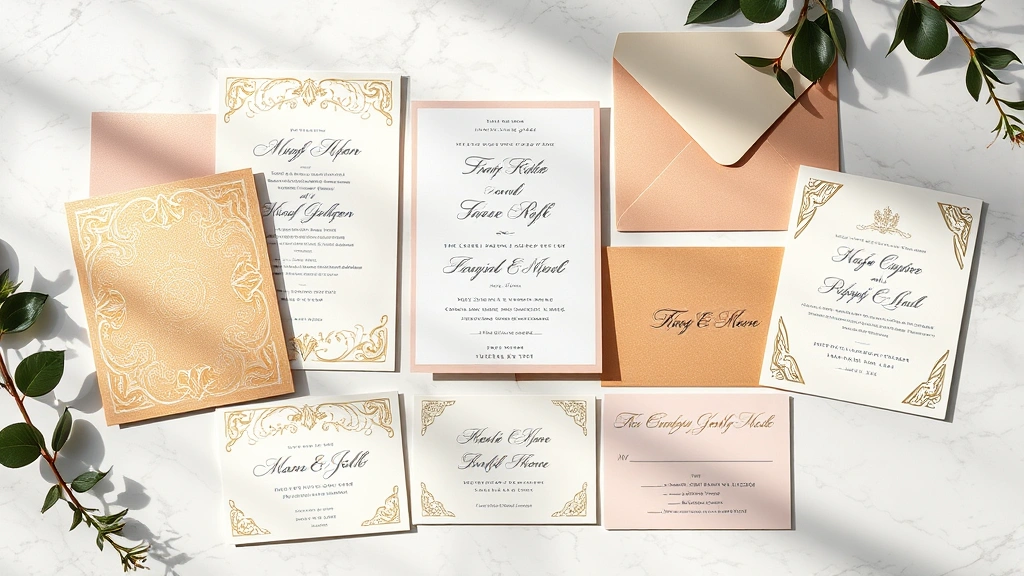 Professional luxury wedding invitation display featuring multiple elegant cardstock samples with gold foil details, calligraphy text, and premium paper textures arranged artfully on white marble surface with soft natural lighting