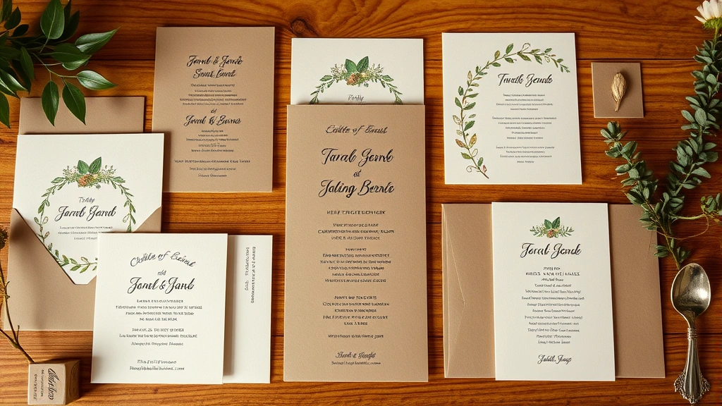 Sustainable wedding invitations made from recycled paper materials arranged in organized presentation with eco-friendly branding elements, natural botanical styling, and warm ambient lighting emphasizing environmental consciousness