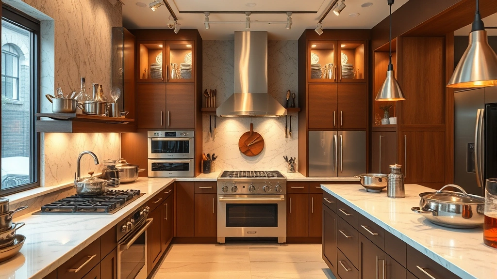 Upscale kitchen showroom displaying premium appliances, marble countertops, designer cookware, warm professional lighting, modern culinary environment, no people visible