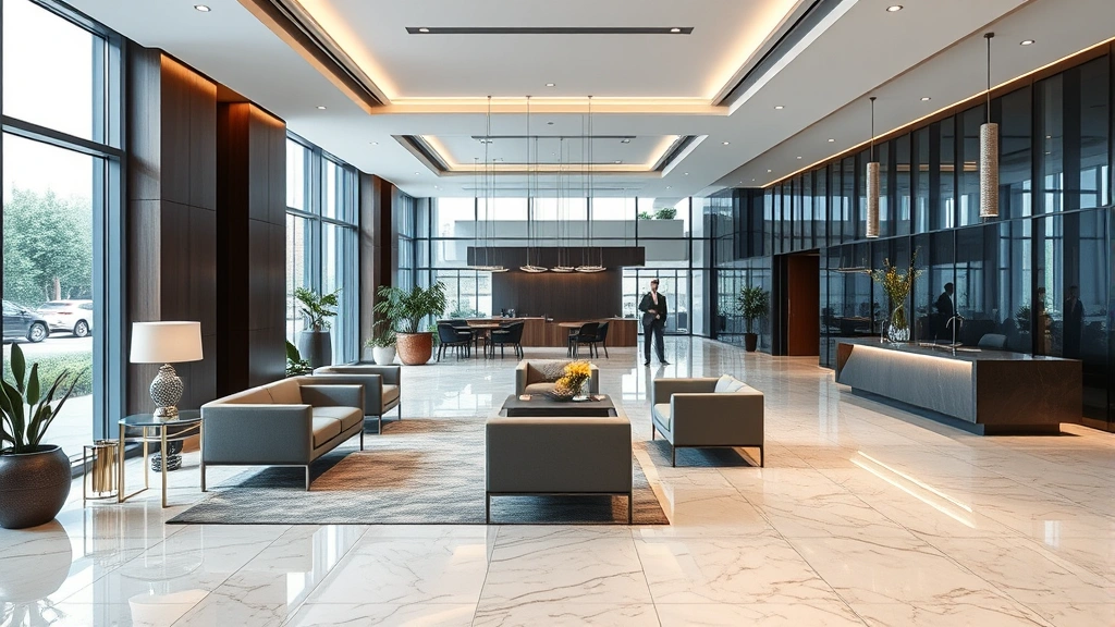 Corporate office lobby with marble floors, contemporary furniture, professional atmosphere, business professionals in background, sophisticated modern interior design, natural lighting