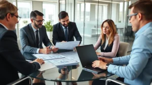 Professional business team in modern office reviewing financial reports with laptops and documents on glass table, corporate environment, daytime lighting
