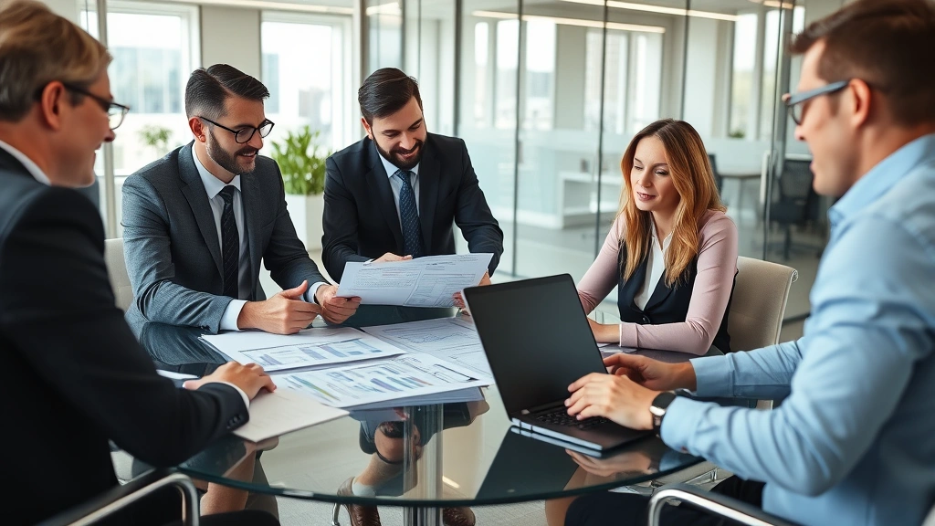 Professional business team in modern office reviewing financial reports with laptops and documents on glass table, corporate environment, daytime lighting