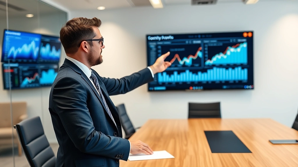 Corporate executive in business suit presenting quarterly metrics on digital dashboard in conference room, multiple screens visible, professional atmosphere