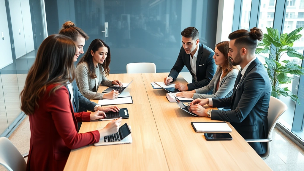 Diverse business professionals collaborating around modern conference table with tablets and notebooks, focused on strategic planning, contemporary office setting