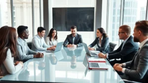 Professional business executives in modern conference room collaborating around sleek glass table with laptops and notebooks, natural daylight from floor-to-ceiling windows, diverse team engaged in strategic discussion, corporate setting with minimalist design