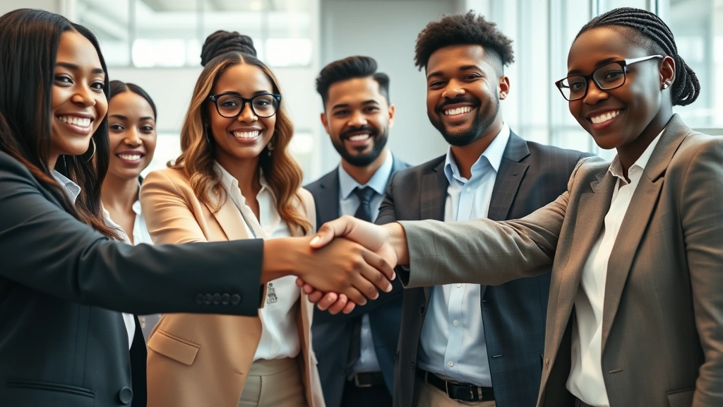 Close-up of diverse professionals shaking hands in bright office environment, professional business attire, genuine smiles, modern architectural background with clean lines, emphasizing trust and partnership