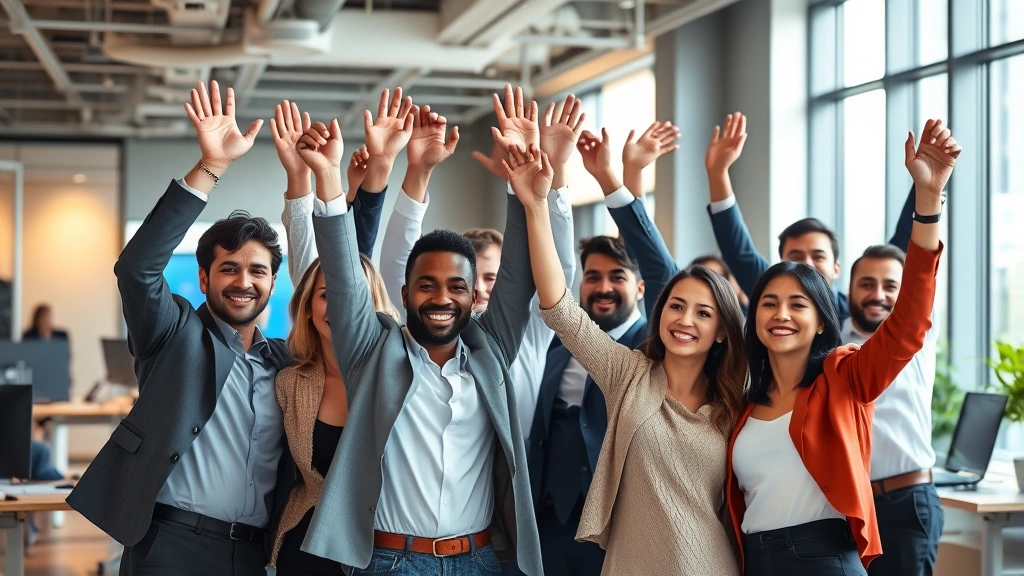 Team of business professionals celebrating success in contemporary office space, diverse group with raised hands and genuine expressions of achievement, modern technology visible in background, natural lighting highlighting collaborative energy