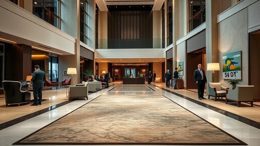 Luxury hotel lobby with sophisticated area rug placement, professional commercial interior design, elegant furnishings, guests in business attire, premium hospitality environment, architectural photography style