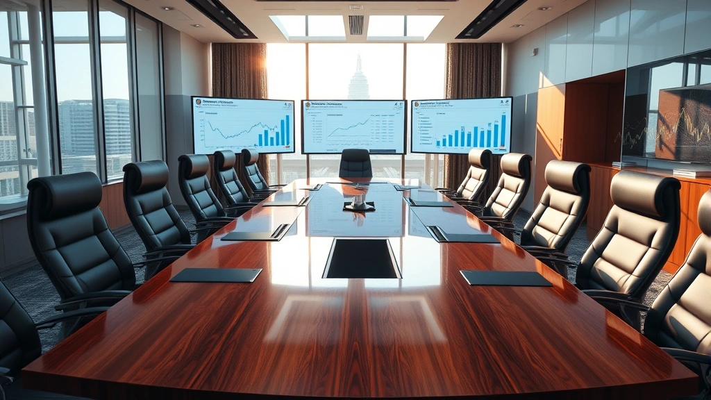 Professional boardroom with polished wooden conference table, executive chairs, multiple monitors displaying financial data and strategic charts, morning sunlight through floor-to-ceiling windows, corporate setting with leadership presence