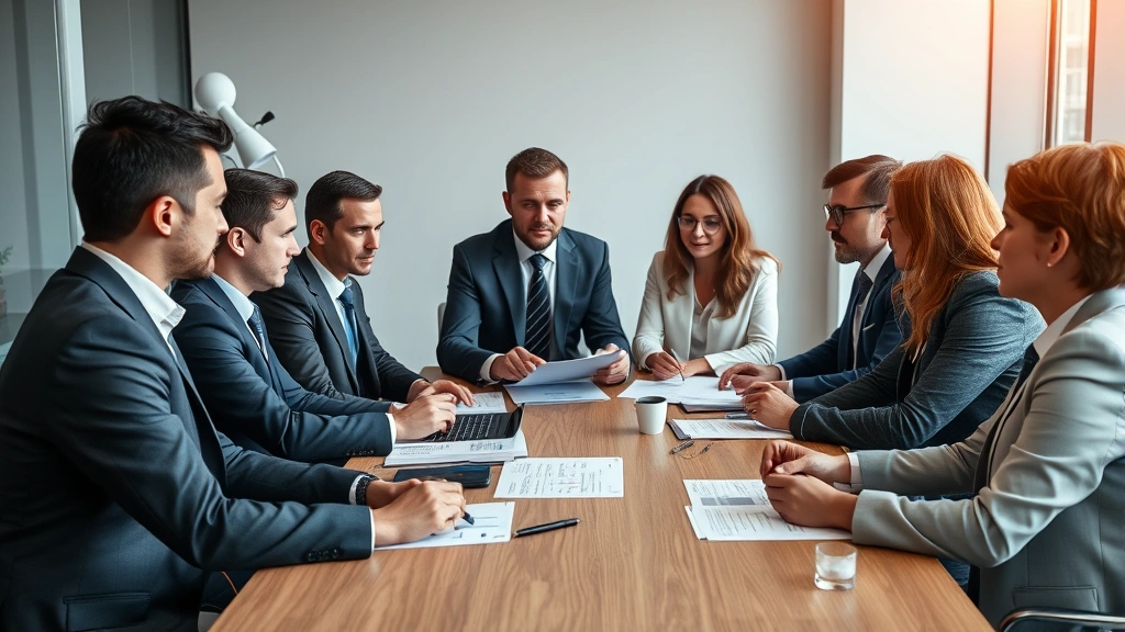 Diverse group of business executives and directors in formal business attire engaged in serious strategic discussion around modern conference table, papers and tablets visible, collaborative professional atmosphere