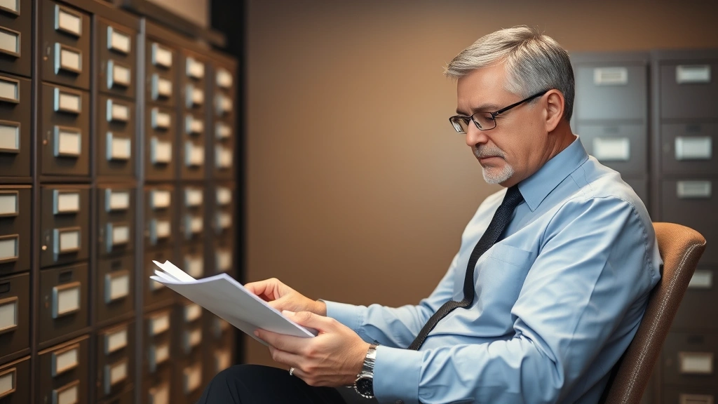Senior executive or board member reviewing confidential strategic documents and financial reports in private office, secure workspace with locked filing cabinets, professional corporate environment emphasizing data security