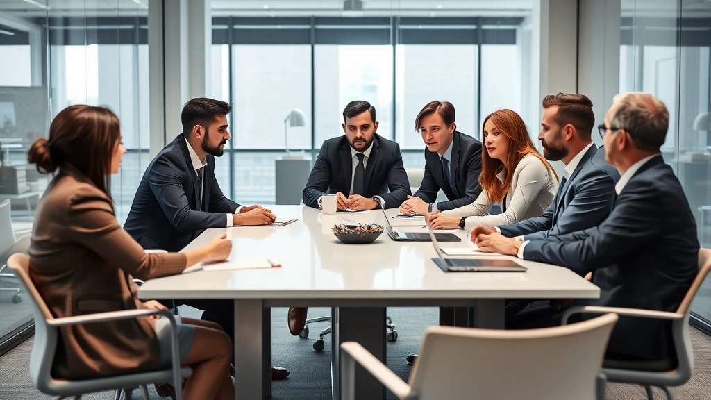 Professional business team collaborating around a conference table in modern office setting, diverse group engaged in strategic discussion, natural lighting, corporate environment