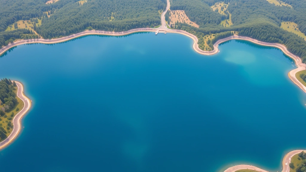 Aerial view of calm blue lake with clear water, surrounded by organized landscape features, representing organizational harmony and integrated systems flow