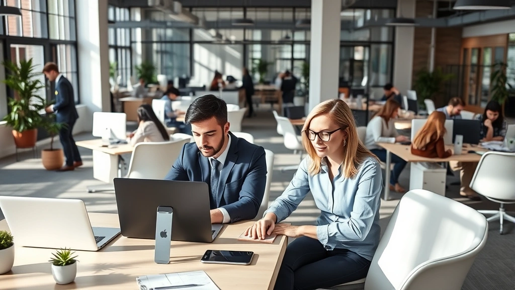 Corporate professionals working on laptop computers in bright office space, multiple employees collaborating across shared workspace, contemporary business setting with natural elements