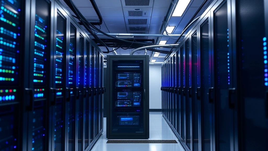 Professional data center facility with rows of server equipment, blue LED indicators, fiber optic cables, clean and organized, corporate telecommunications infrastructure environment