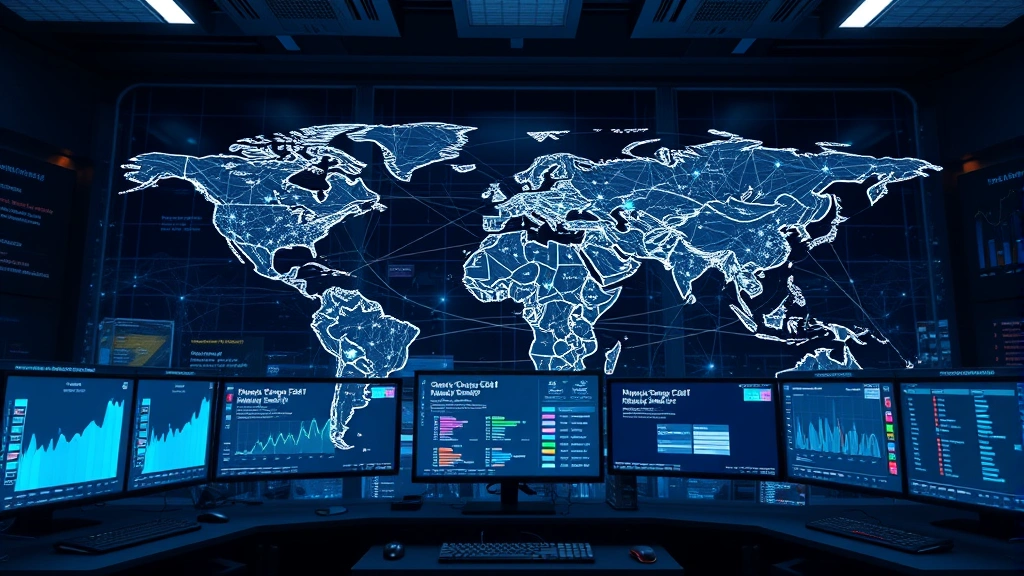Global network map visualization showing interconnected nodes across continents, fiber optic pathways, data transmission, modern command center setting with multiple screens displaying network metrics