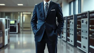 Professional IBM executive in dark blue suit from 1960s era standing confidently in modern corporate office with mainframe computers visible in background, representing Big Blue corporate culture and computing dominance