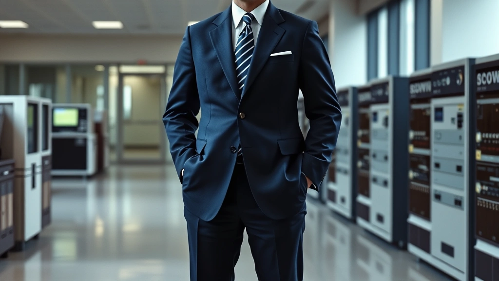 Professional IBM executive in dark blue suit from 1960s era standing confidently in modern corporate office with mainframe computers visible in background, representing Big Blue corporate culture and computing dominance