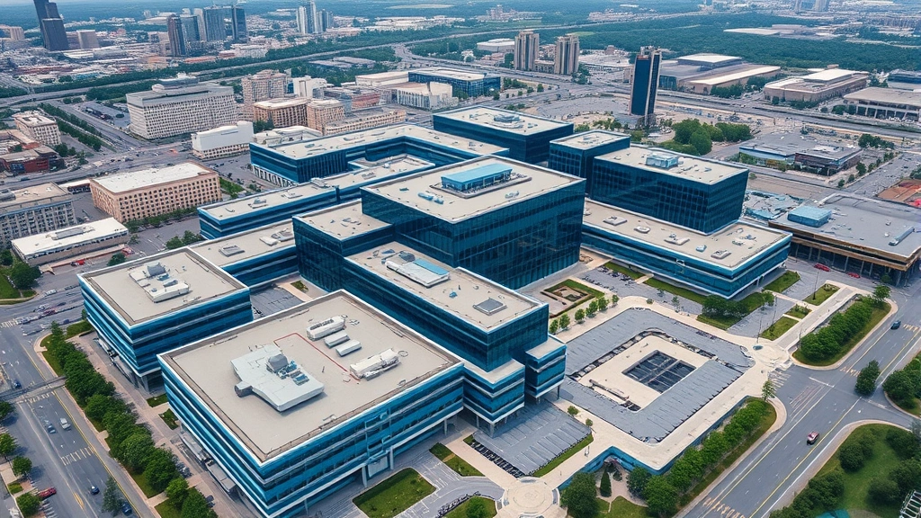 Aerial view of large corporate headquarters campus with distinctive blue architectural elements and technology infrastructure, representing Big Blue's lasting impact on enterprise computing and corporate America