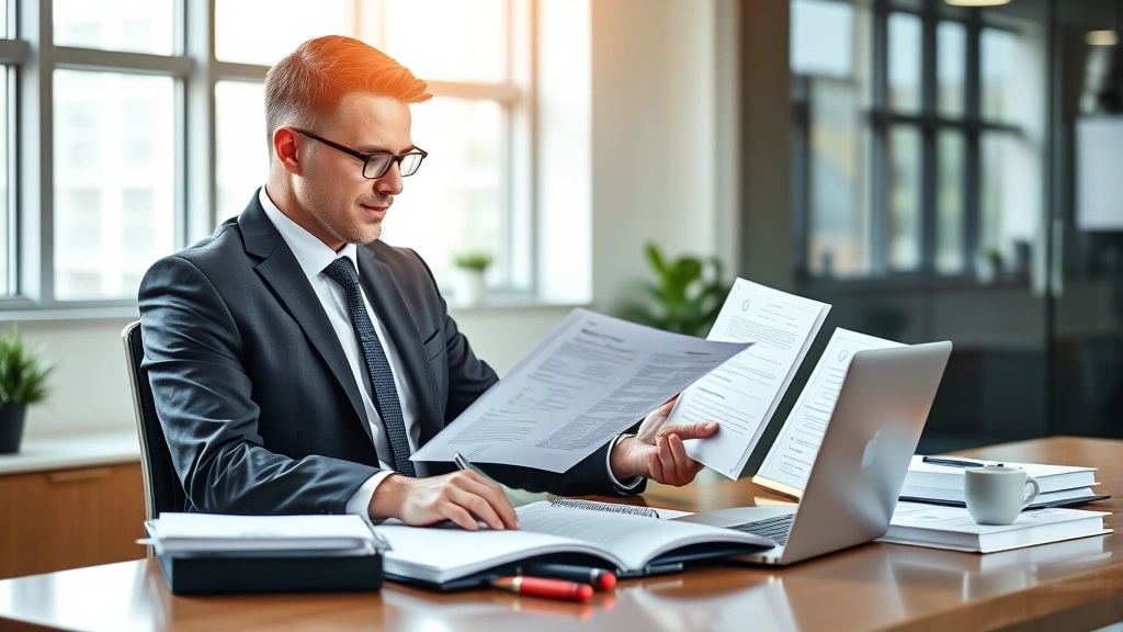 Professional businessman in suit reviewing official business documents and registration certificates at modern office desk with laptop and file folders, natural lighting from window