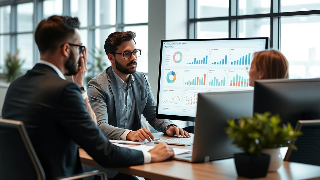 Professional business team in modern office reviewing customer relationship management software interface on desktop computer with charts and data visible