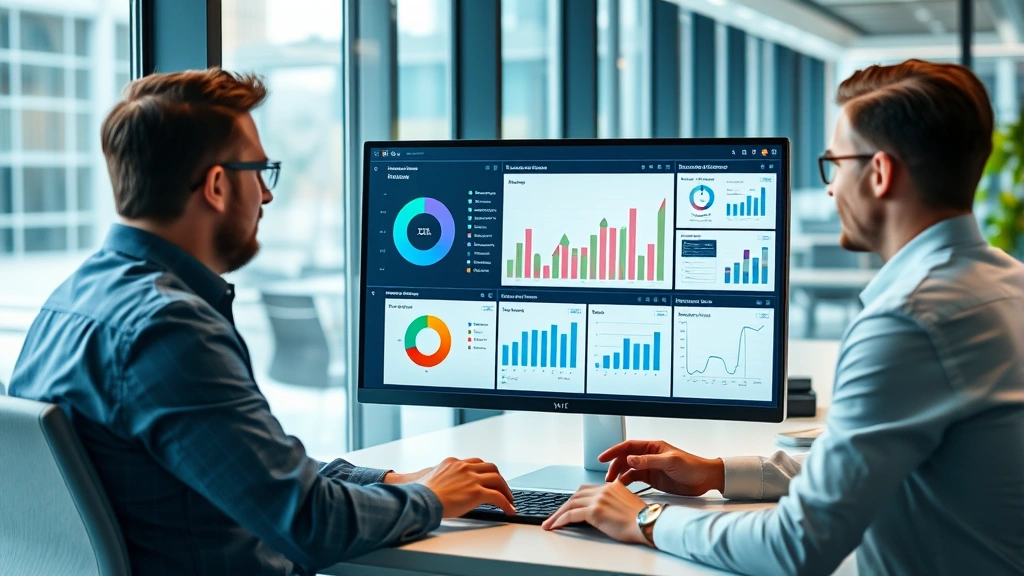 Business professionals reviewing CRM analytics dashboard on computer monitor in modern corporate office environment with multiple data visualizations