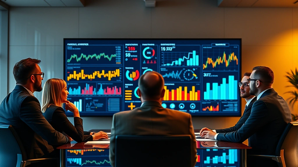 Executive team analyzing colorful business metrics and performance indicators on large digital display screen in conference room with graphs