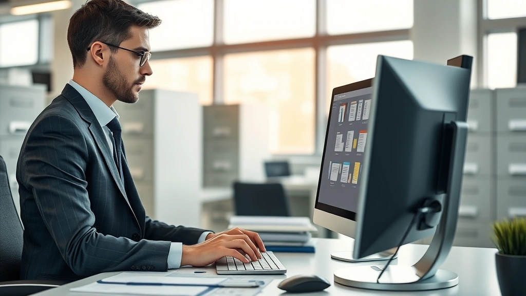 Professional business executive organizing digital documents on a computer workstation in a modern corporate office, filing cabinets visible in background, focused concentration on screen with organized folder structures, natural lighting from windows, business attire, clean desk environment