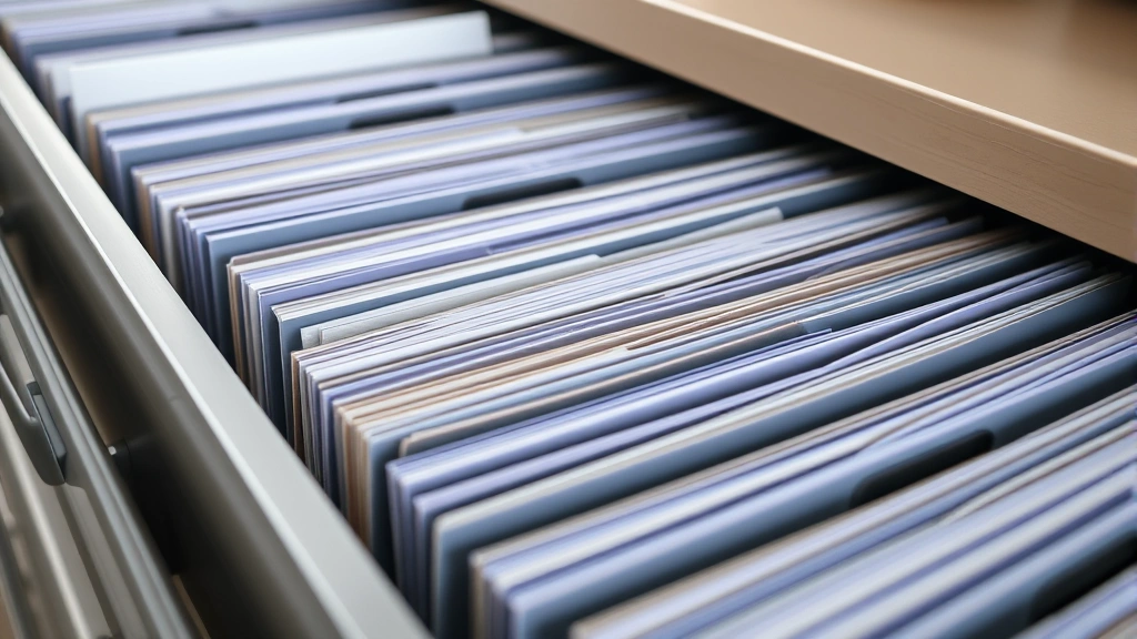 Close-up of organized physical filing system with labeled folders and documents neatly arranged in cabinet drawers, professional office setting, soft natural lighting highlighting document organization, business documents and folders clearly visible but no readable text