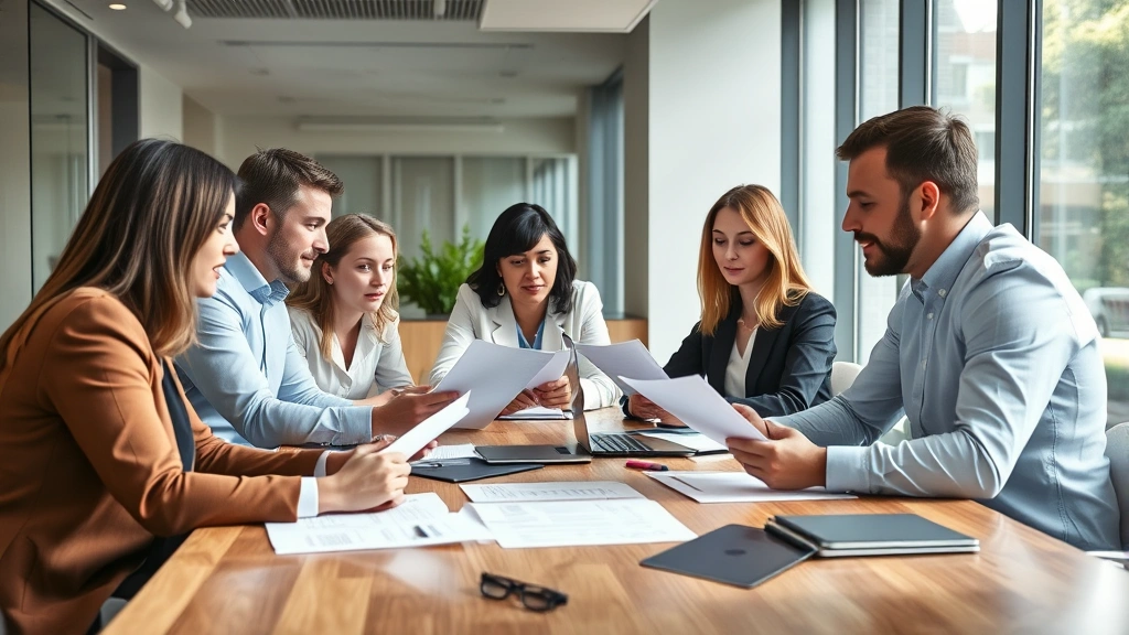 Team of compliance and governance professionals in a modern conference room reviewing documents at a table, multiple people collaborating with papers and digital devices, professional business environment, natural lighting, focused discussion without visible text on materials
