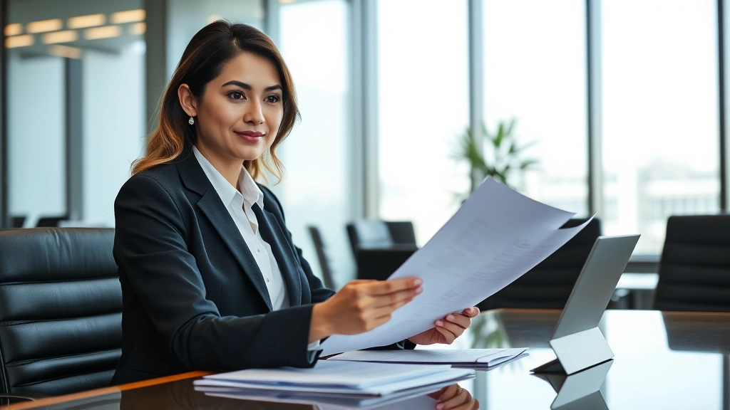 Professional female company secretary in modern boardroom reviewing corporate documents and meeting materials at executive desk, corporate office background, natural lighting, confident expression