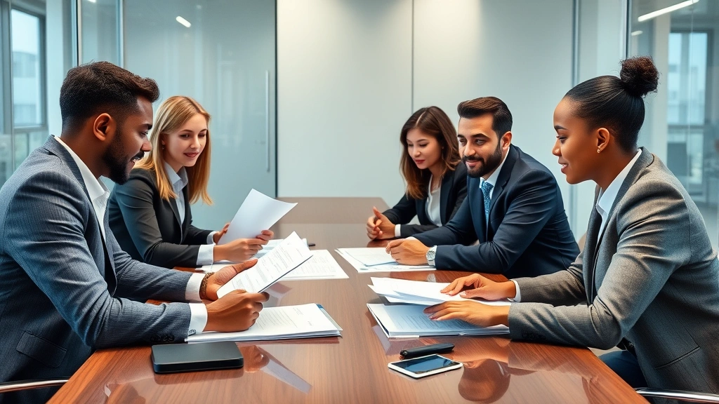 Diverse business team in formal meeting room reviewing governance documents and compliance records, professional attire, collaborative atmosphere, modern corporate office setting