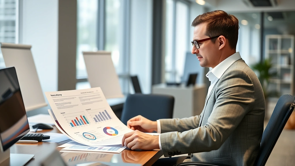 Professional business executive in modern office reviewing brand strategy documents and market analysis charts on desk, confident posture, contemporary corporate environment
